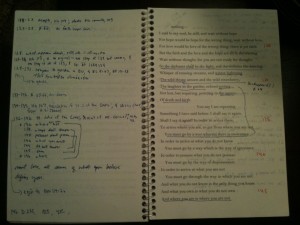 my Quartets notebook, with poem & comments beside